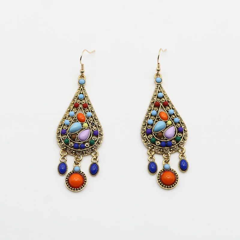 Винтажное Античное золото Индийский стиль Jhumka каплевидные геометрические камни висячие серьги цыганское богемное ювелирное изделие женские аксессуары - Окраска металла: Покрытие антикварным золотом