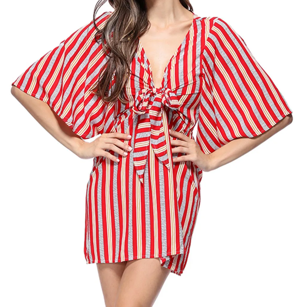 Женское модное платье в полоску с v образным вырезом летнее короткими рукавами и