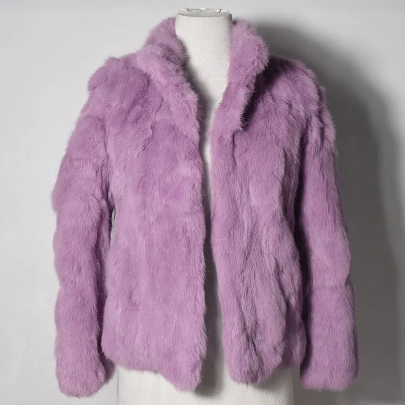 Light purple button Высококачественное пальто из натурального меха, модные меховые пальто из натурального кролика, элегантная женская зимняя верхняя одежда с воротником-стойкой, куртка из кроличьего меха - Цвет: Light purple button