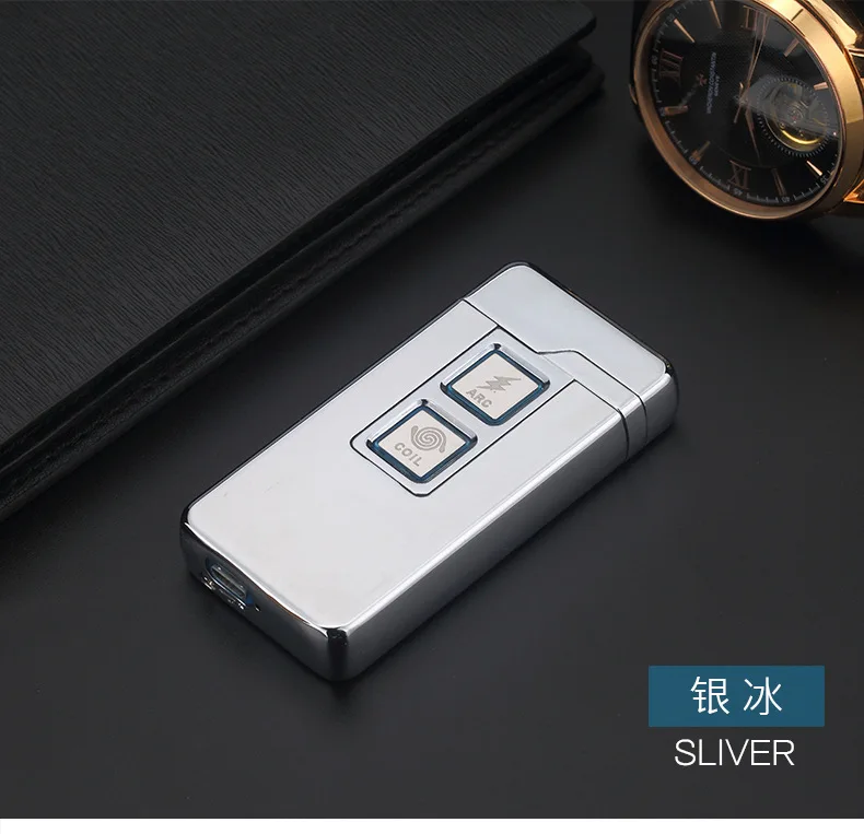 2 в 1 Катушка Arc Зажигалка Умная Электронная USB Зажигалка двойного назначения сенсорная Индукционная зажигание металлическая зажигалка mecheros - Цвет: silver