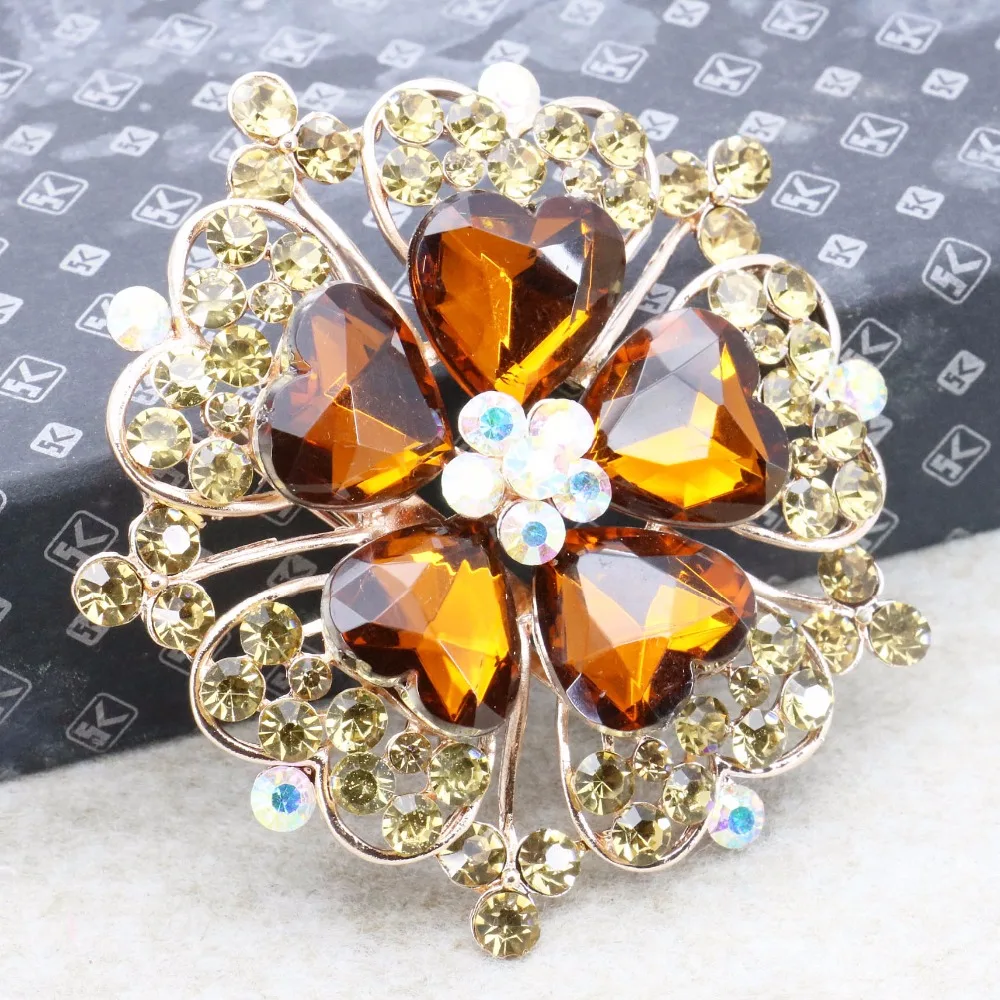 Золотая желтая кристаллическая брошь в виде сердца модные ювелирные стеклянные