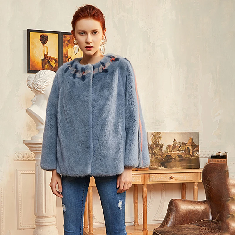 Ftangaiur Winter Women Import Velvet Mink Fur Coat O-Neck Thicken Jacket Slim Full Sleeve Short Real Coats | Женская одежда