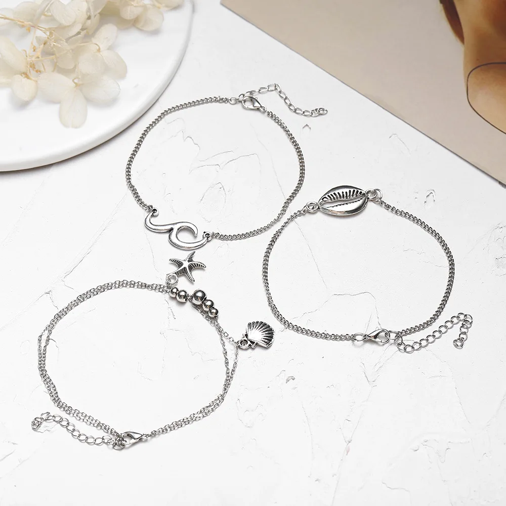 Винтажный антикварный Серебристый браслет на ногу женский Звездный волнистый