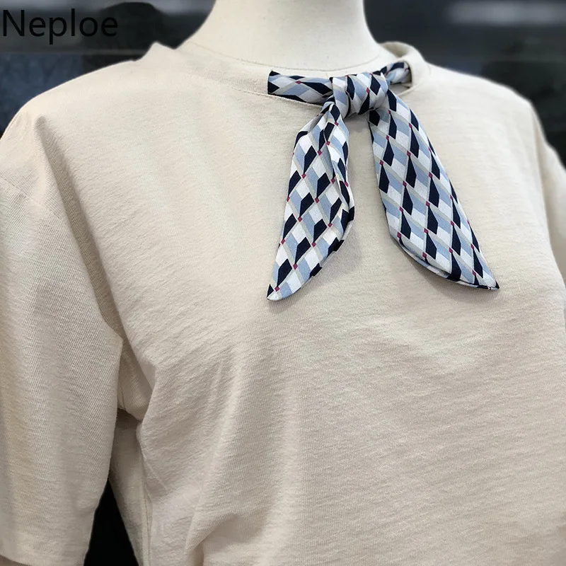 Neploe Solid Women Tops Summer 2019 New Scarf O-Neck Short Sleeve Tees Korean Fashion Cotton Ladies T Shirts 43734 | Женская одежда