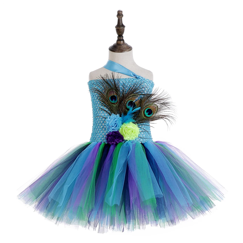 Peacock Tutu Dress Baby Girl Knee Length One Shoulder Feather Flower Wedding Birthday Party Dresses Children Animal Clothes Set | Детская