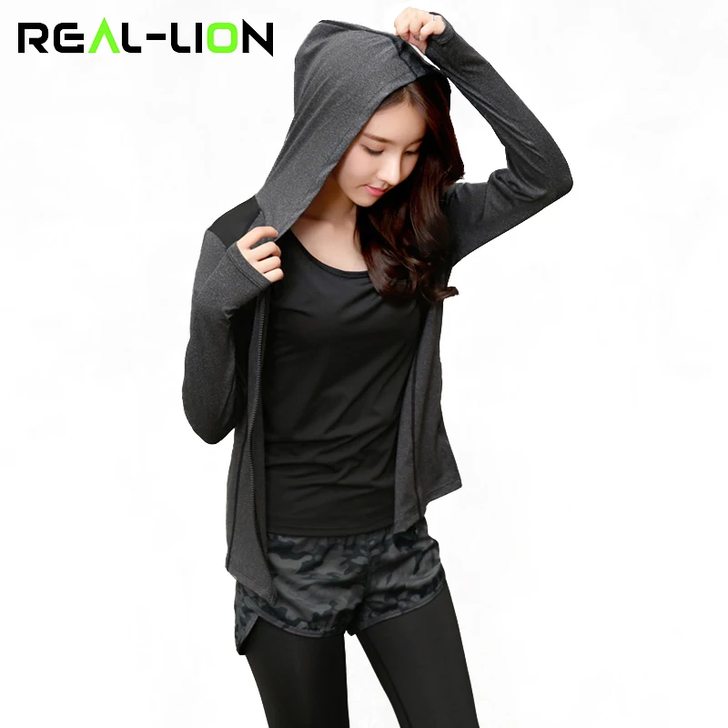 

Женская спортивная рубашка Reallion, дышащая спортивная куртка на молнии с длинным рукавом, с капюшоном и воротником для йоги, верхняя одежда