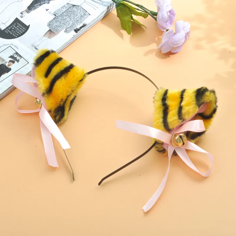 tiger with bell Сексуальная Девушка Лолита кошачьи уши оголовье с колокольчиком Аниме Черный Розовый Белый Леопард Прекрасная принцесса кошачьи уши Косплей головные уборы для женщин - Цвет: tiger with bell