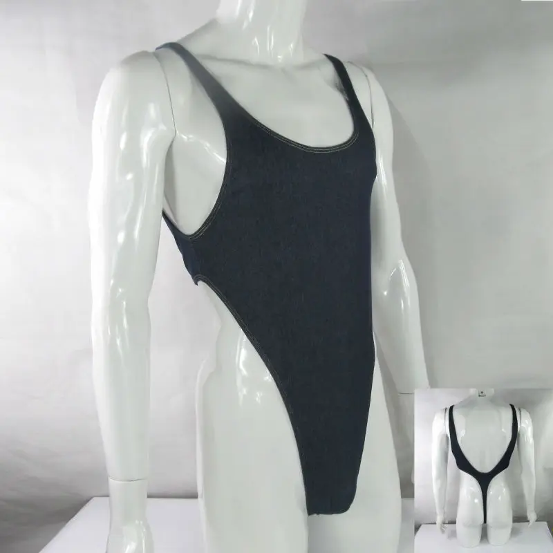 Мужские стринги боди стрейч с высоким вырезом глубоким U образным джинсовая