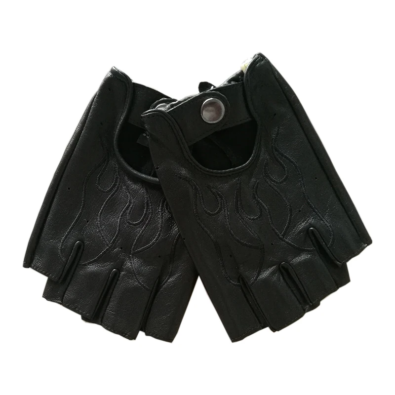 

Genuine Leather Gloves Male Embroidery Imported Lambskin Driving Half Finger Semi-Finger Men Gloves Non-Slip Breathable M047N-2