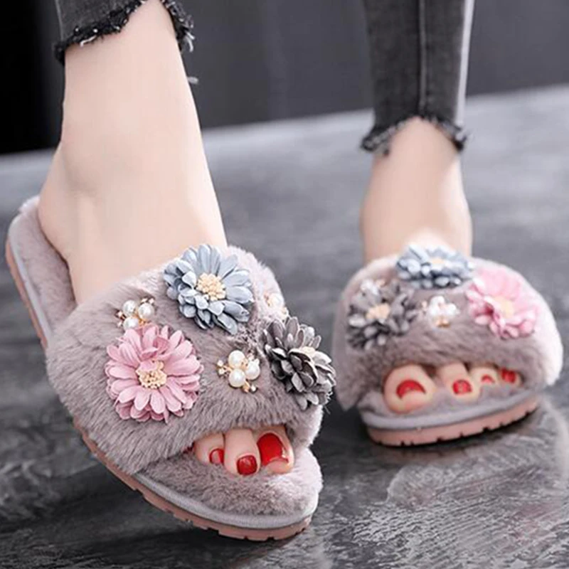 

Women Winter Warm Indoor Slippers Adults Women's Plush Flip Flops Home Shoes Cotton Home Slippers Flower Rhinestone decor dd086