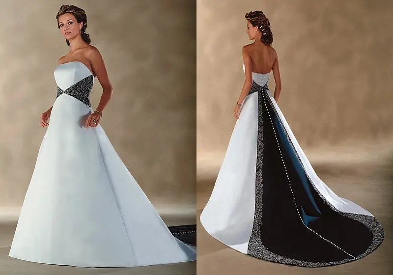 

Free Shipping Gorgeous A line Strapless Beaded Satin Designer Wedding Dresses White and Black Wedding Gowns
