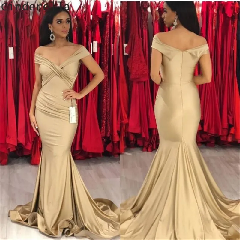 

Cinderella Sexy Gold V-Neck Of The Shoulder Zipper Back Court Train Mermaid Silk Satin Prom Dresses Trumpet Prom Party Gown