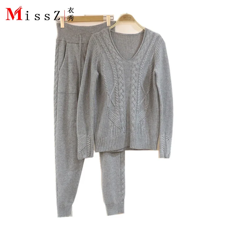 Женский кашемировый костюм из 2 предметов вязаный шерстяной свитер с V-образным