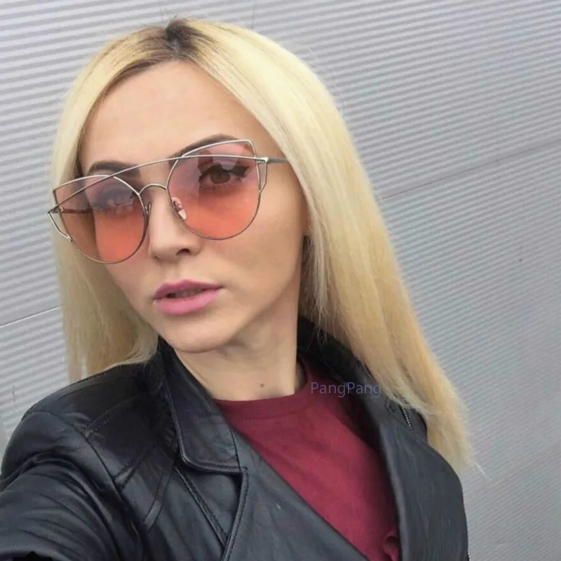Популярные очки кошачий глаз, розовые зеркальные солнцезащитные очки, женские Винтажные Солнцезащитные очки с металлическими светоотражающими плоскими линзами