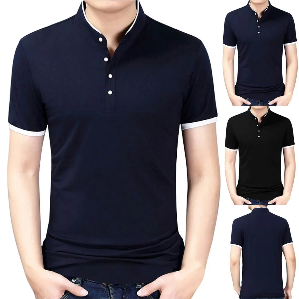 Womail Мужская футболка Летняя новая мода чистый стоячий воротник длинный рукав