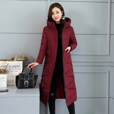 WINE RED Корейские пальто, женская зимняя верхняя одежда, длинная теплая плотная пуховая парка, Модная приталенная куртка, женская зимняя однотонная куртка с капюшоном, пальто - Цвет: WINE RED