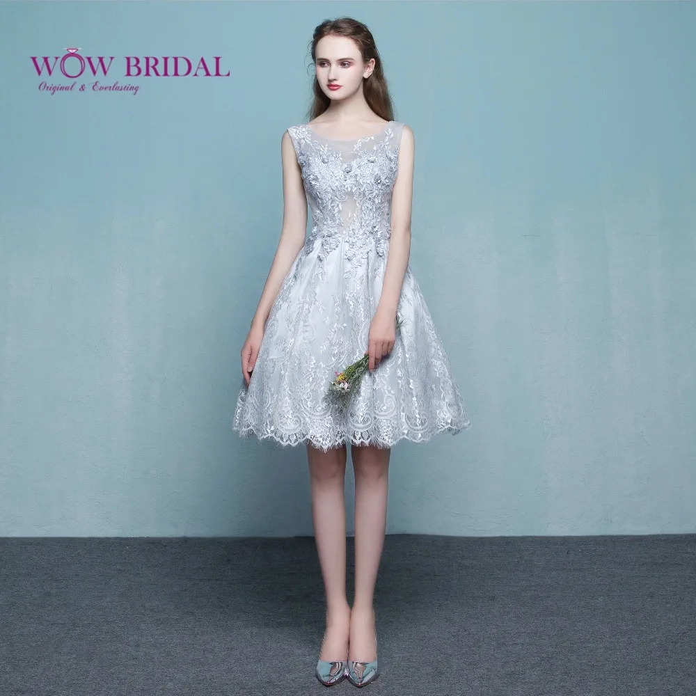 Wowbridal элегантные Серебристые синие короткие кружевные вечерние платья 2017 Abendkleider