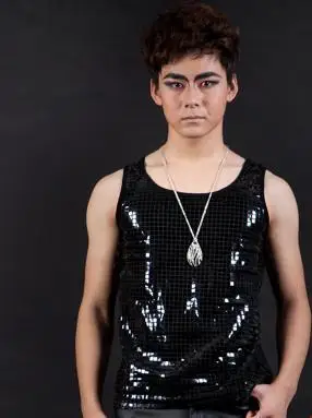 Блестки певица сцена черный мужской жилет пуловер бренд roupas masculinas Сексуальная