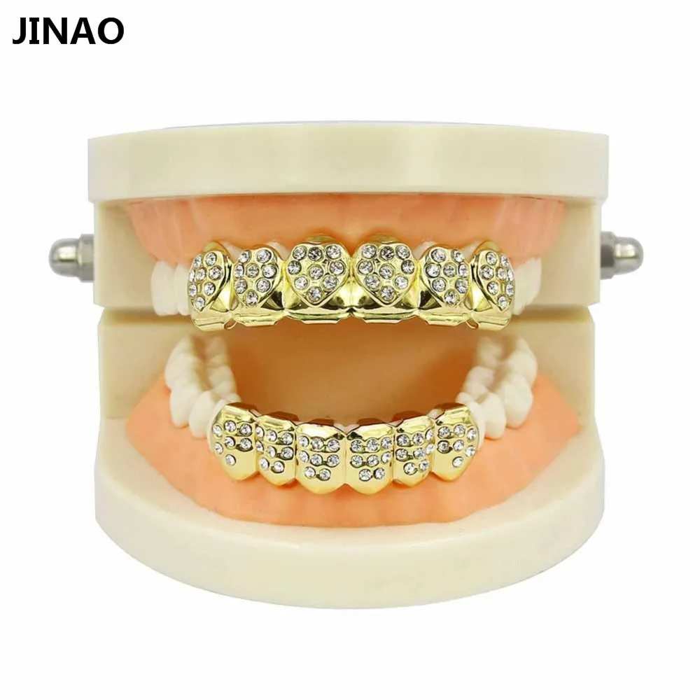 12 комплектов цзинао Позолоченные ICED OUT CZ зубы GRILLZ верхней нижней крышки зуба хип хоп Bling комплект решеток для Рождества