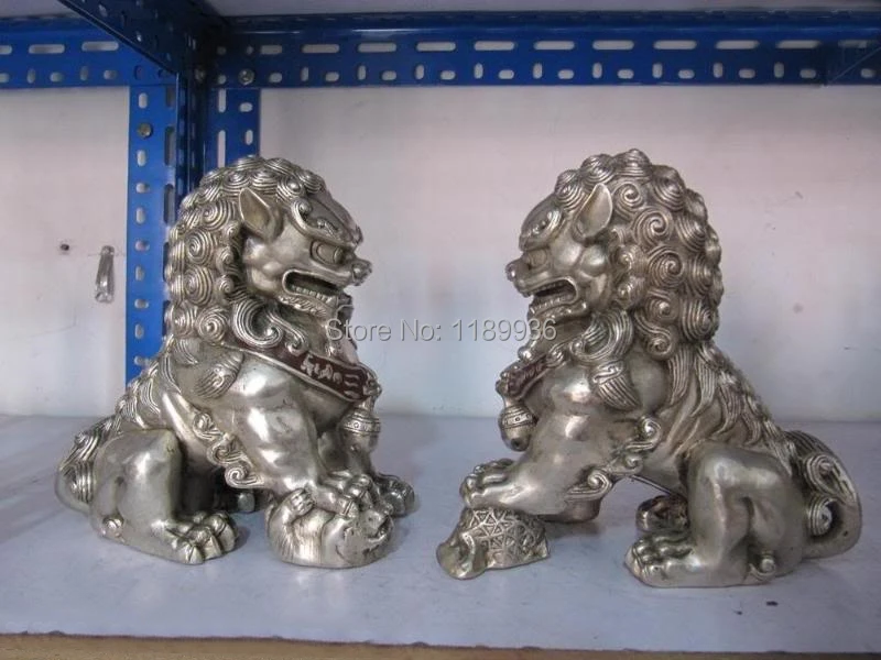 Chinese regius Copper Silver talisman Kirin kylin beast Door Foo Dog Lion Pair | Дом и сад