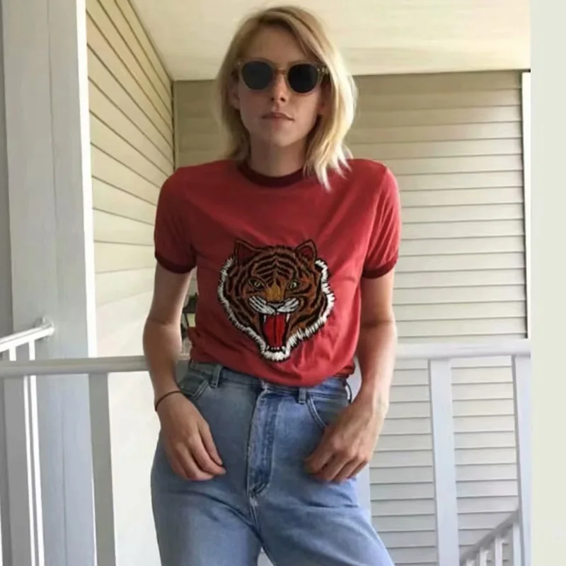 Винтаж тигра печати Graphic Tee Футболка короткий рукав с круглым вырезом летняя уличная Chic Повседневное Топы Для женщин красный Женская одежда футболка