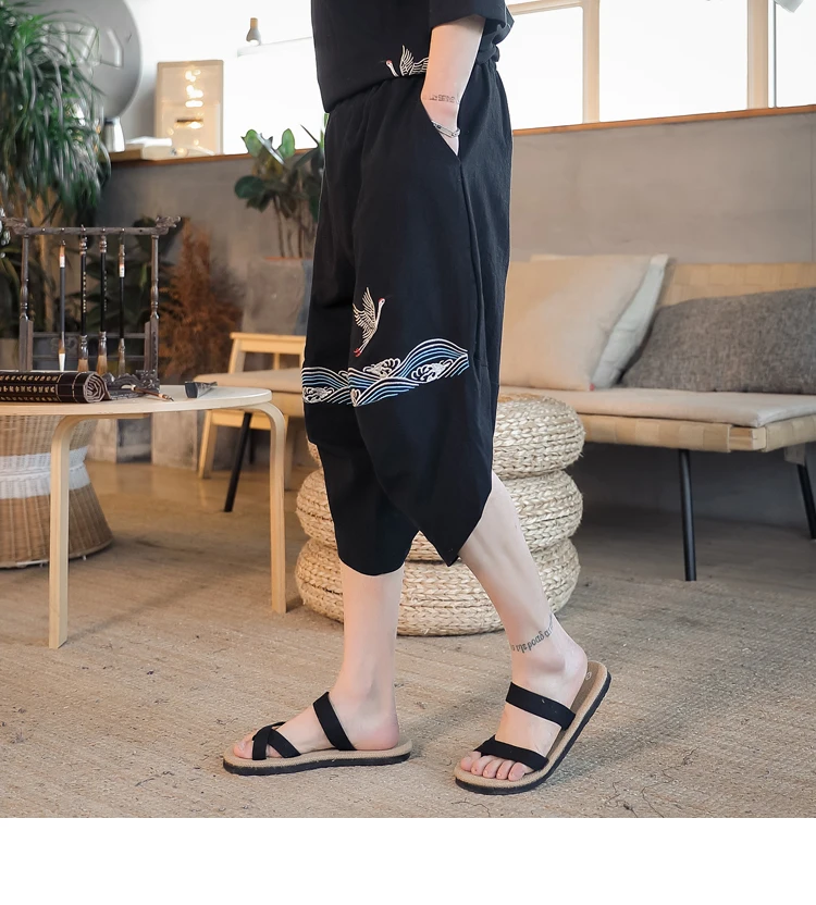 

LOLDEAL Summer Chinese Style Cropped Trousers Thin Crane Embroidery Loose Feet Seven Pants Wide Leg Pants Male