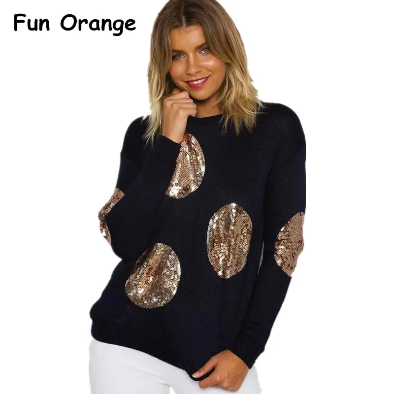 Весело оранжевый с блестками и круглым серый Вязание пуловер осень-зима 2017