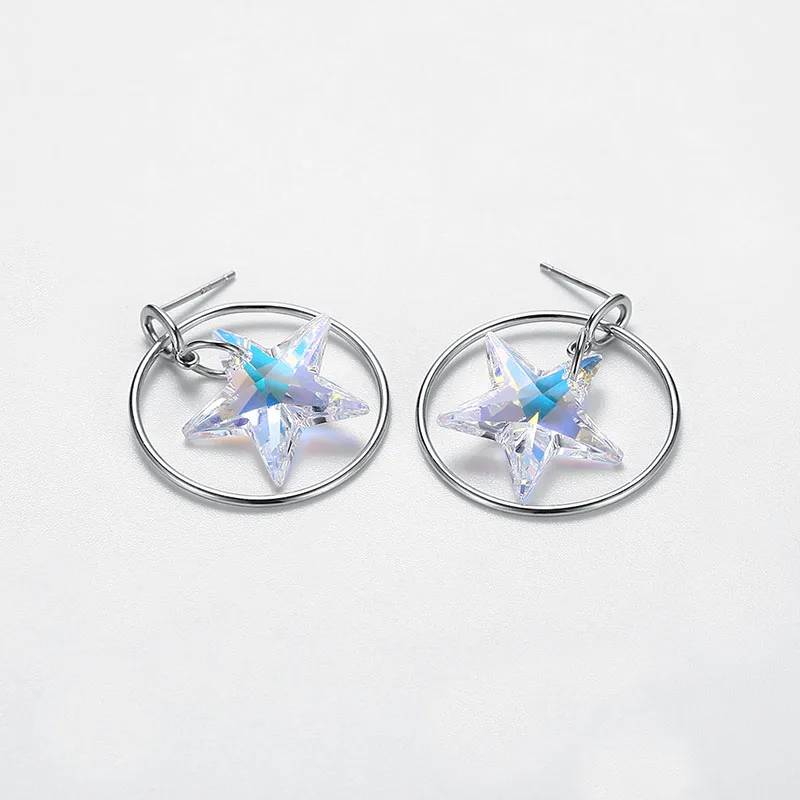 Женские серьги подвески с полым кольцом и кристаллом Swarovski из стерлингового
