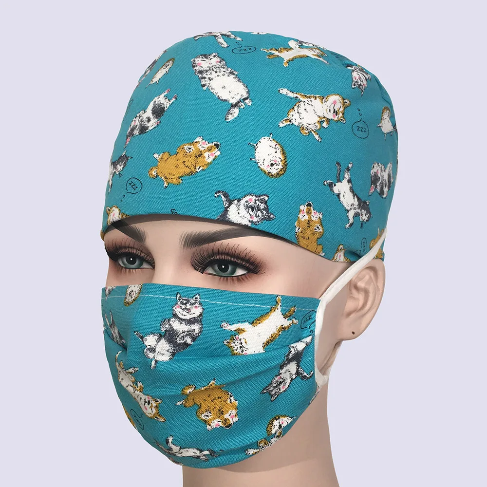 Унисекс, шапки для салона красоты, хлопок, аптека, шляпа, печать, больница, медсестры, кепки для женщин, регулируемая стоматология, хирургические шапки, маска