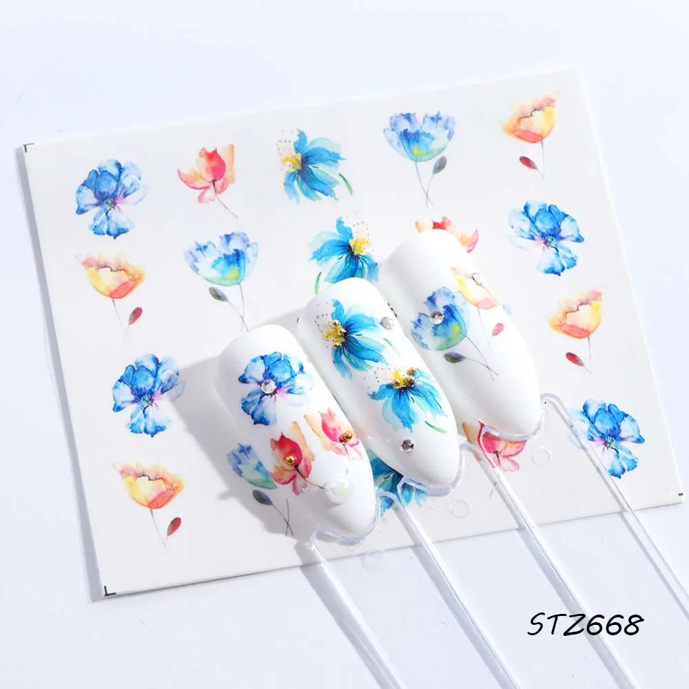 STZ668 1 PCS Charming Watermark Nail Art Stickers Colorful Floral Pattern Nail Slider Holographic Stickers For Nail Decors LASTZ665-668 - Цвет: STZ668