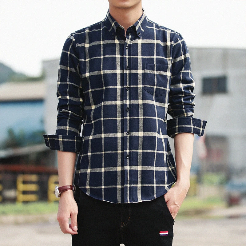 Мужская рубашка с длинным рукавом хлопковая клетчатая большого