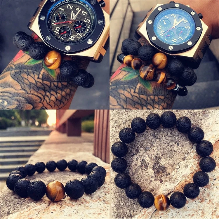 Черный Lava Rock бусины тигровый глаз браслеты натуральный камень вулканических