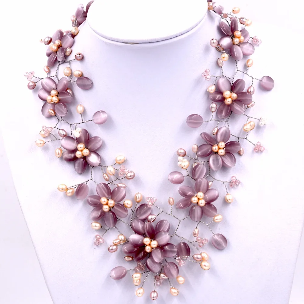 Натуральный пресноводный жемчуг и фиолетовый кошачий глаз камень цветок Чокеры