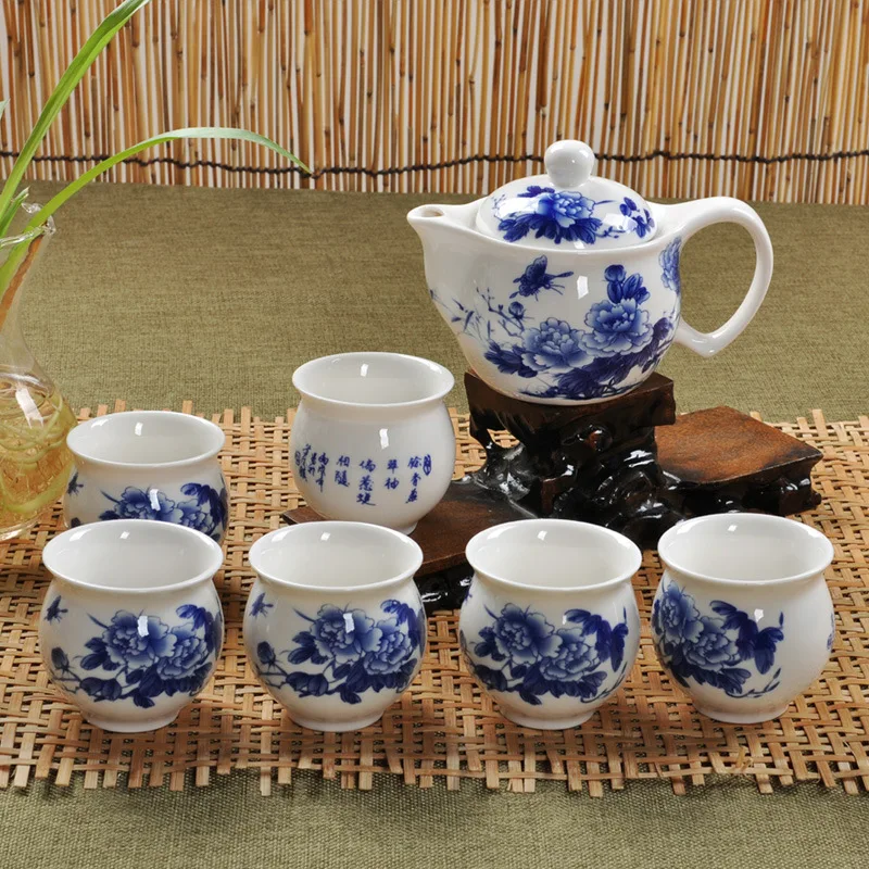 Jingdezhen 7 шт. чайный набор сине белый фарфор двойная настенная чашка креативный