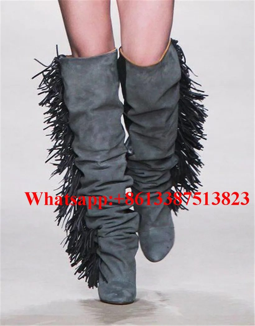 Дамы бахромой замши и мягкой кожи Высокие сапоги до колена с на танкетке без