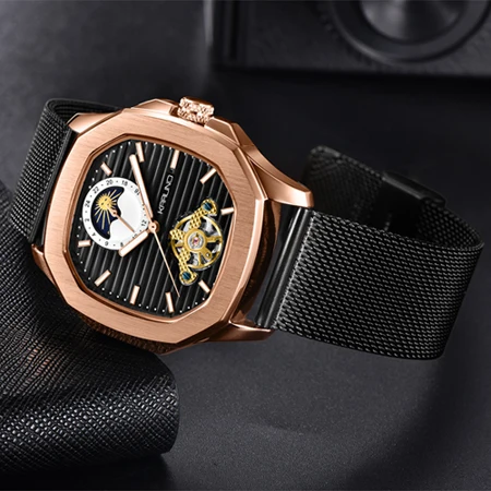 silver white MCE механические мужские часы, мужские модные часы, автоматические часы с турбийоном, мужские часы с фазой Луны и квадратным кожаным ремешком, мужские часы - Цвет: silver white