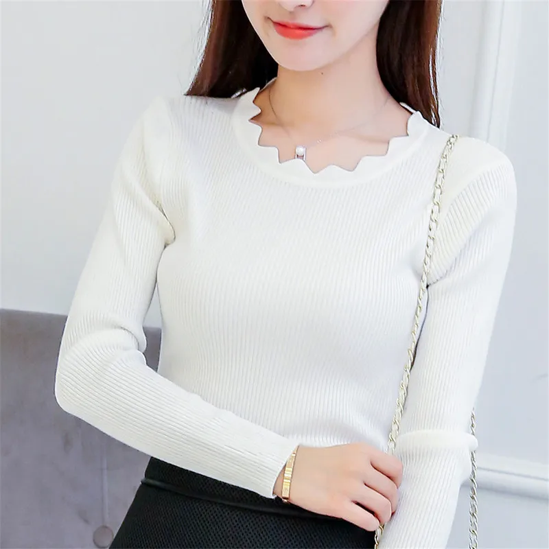 Женский трикотажный свитер с длинным рукавом однотонный облегающий пуловер в