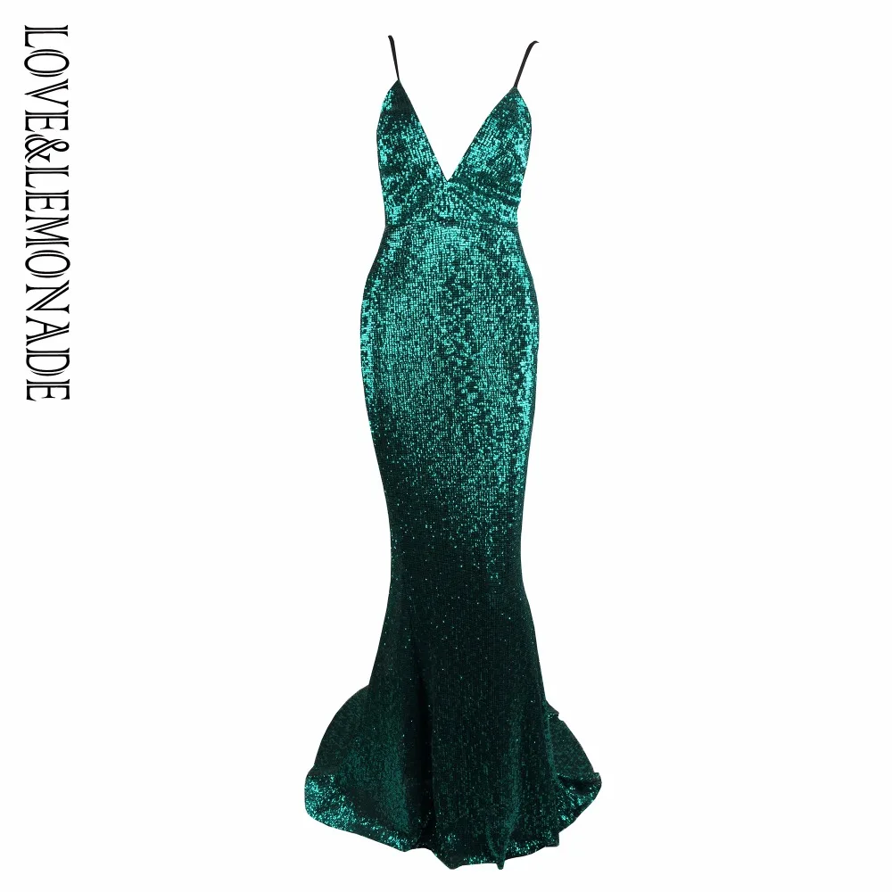 Женское длинное платье LOVE &amp LEMONADE зеленое эластичное с блестками и V-образным