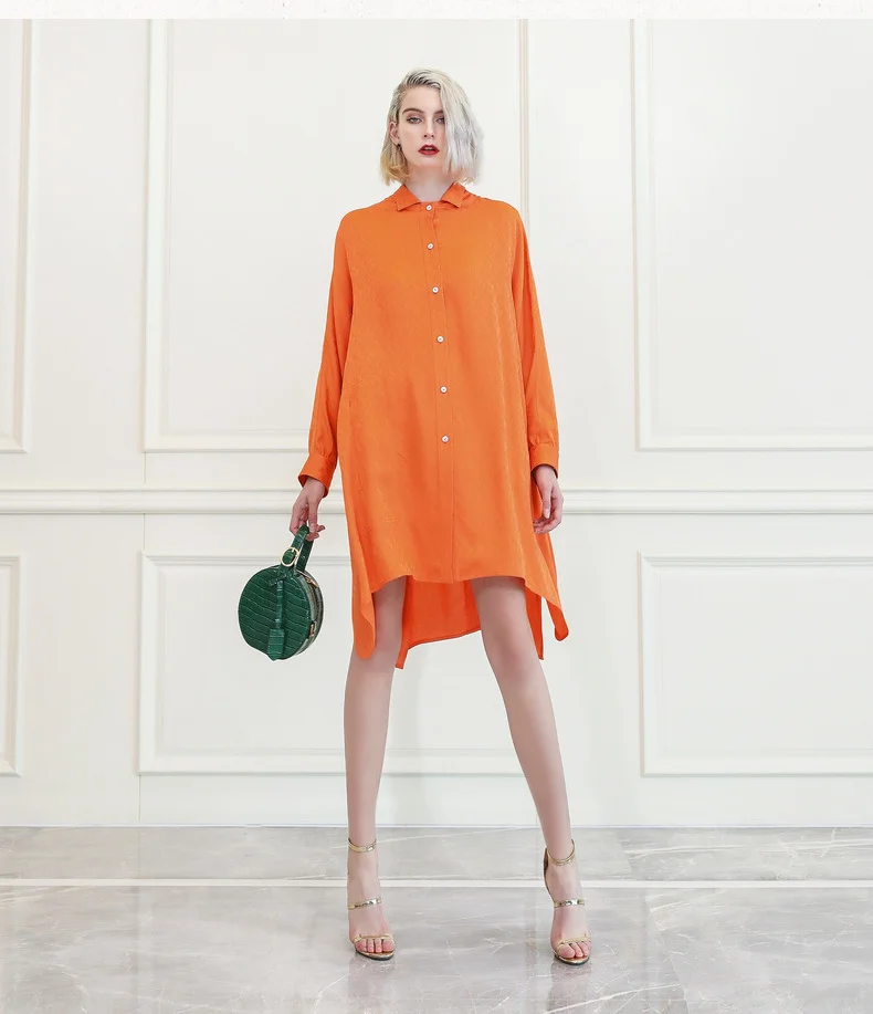 VOA Orange Oversized Silk Blouse Loose Robe Shirt Casual Ladies Tops Plus Size Women Tee Batwing Sleeve Mori Girl Clothes B863