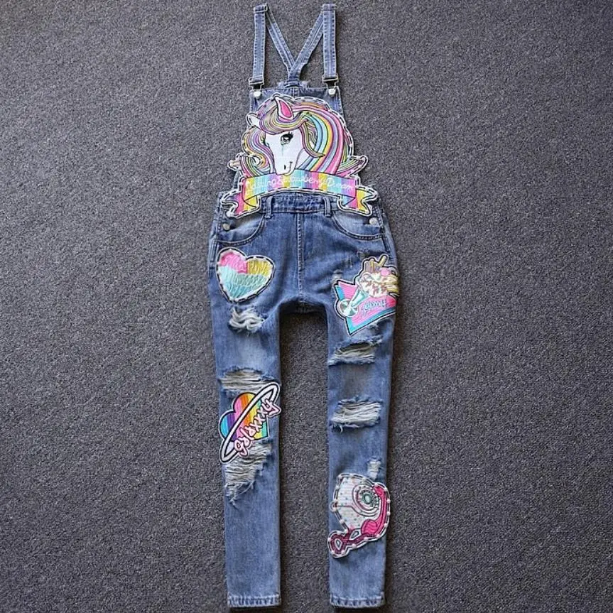 

2020 spring autumn fashion Rainbow horse beaded jeans women new hole denim overalls ankle length plus size