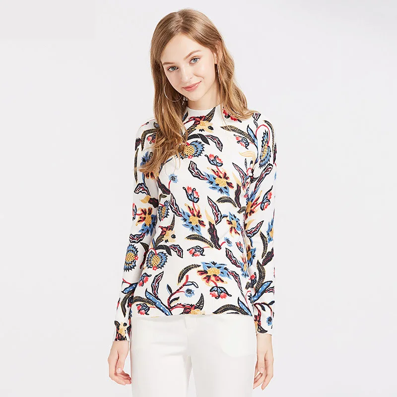 Voobuyla Long Sleeve Sweater Women 2019 Spring Woman Half High Collar Slim Kniting Pullover and Tops Femme Print Jumper | Женская одежда