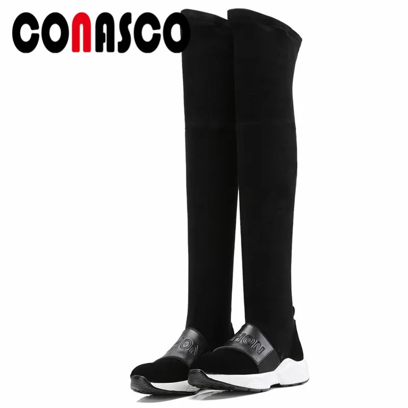 Conasco1модные женские сапоги-ботфорты теплые замшевые сапоги на плоской подошве с