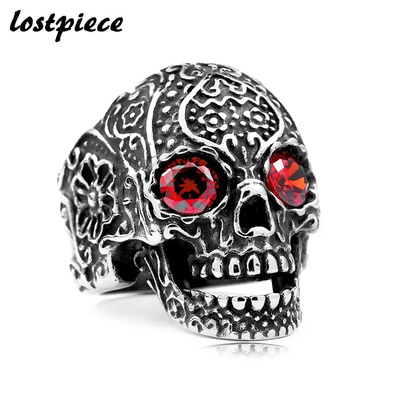 Lostpiece 2018 Новый Мода красные черные циркон глаз череп кольцо Нержавеющая сталь