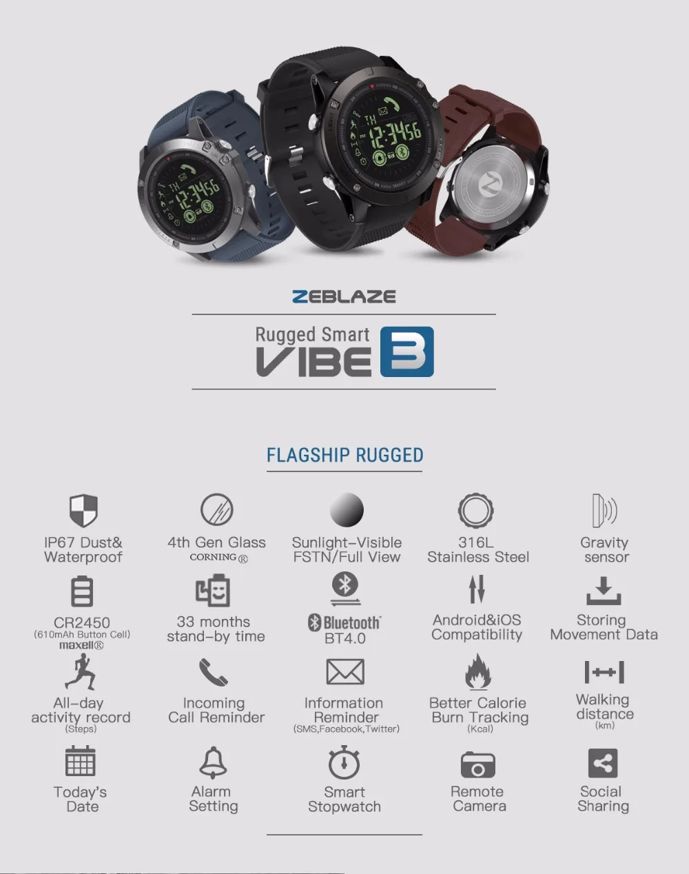 Оригинальные спортивные Смарт-часы Zeblaze VIBE 3, 33 месяца, время ожидания, 24 часа, всепогодный мониторинг, Смарт-часы для IOS и Android