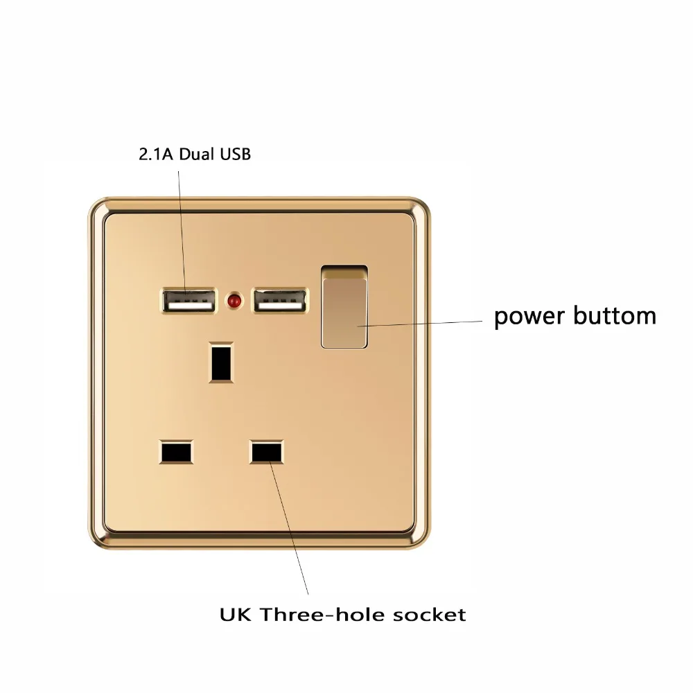 Великобритания двойной USB настенный разъем питания, 13A Британский стандарт электрическая розетка с переключателем и светом, 2.1A двойной USB