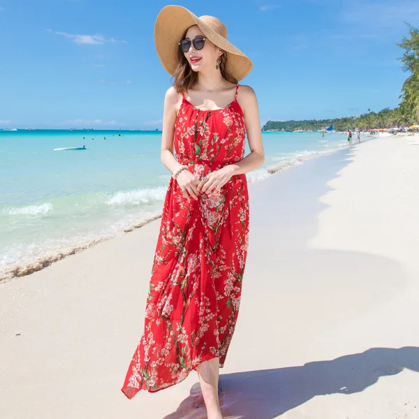 BOHO женские летние платья Пляжные шифон Красный Цветочный принт для пикантные