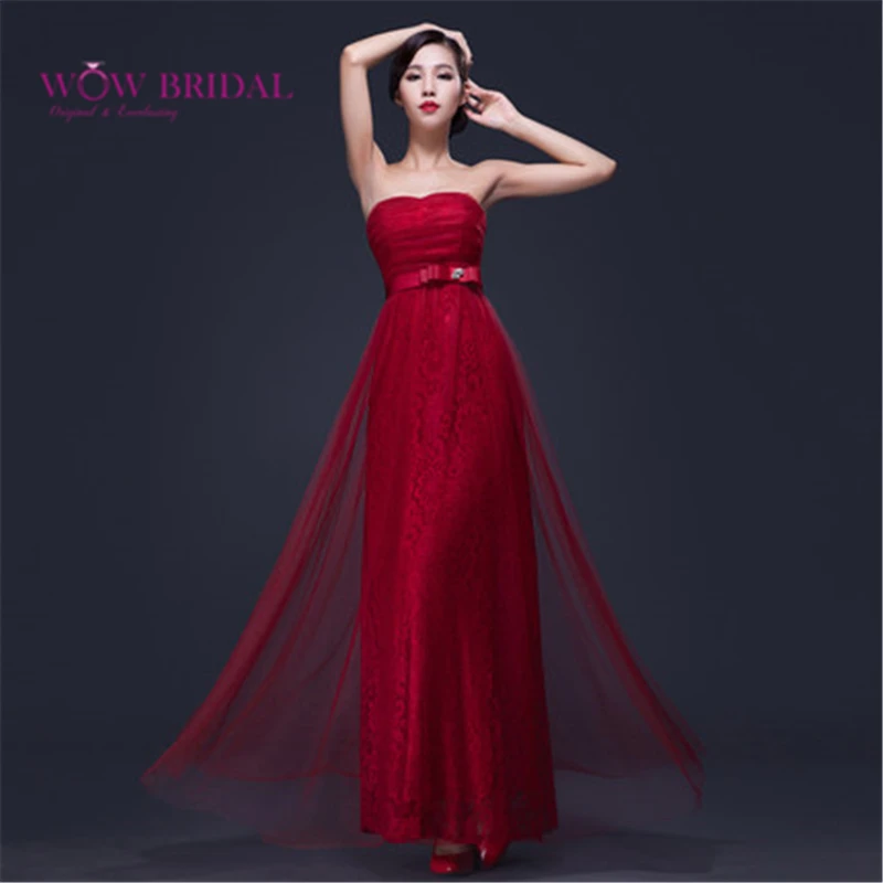 Wowbridal Бордовый Красный Милая Кружева Этаж Длина Линии Вечернее Платье с Открытой