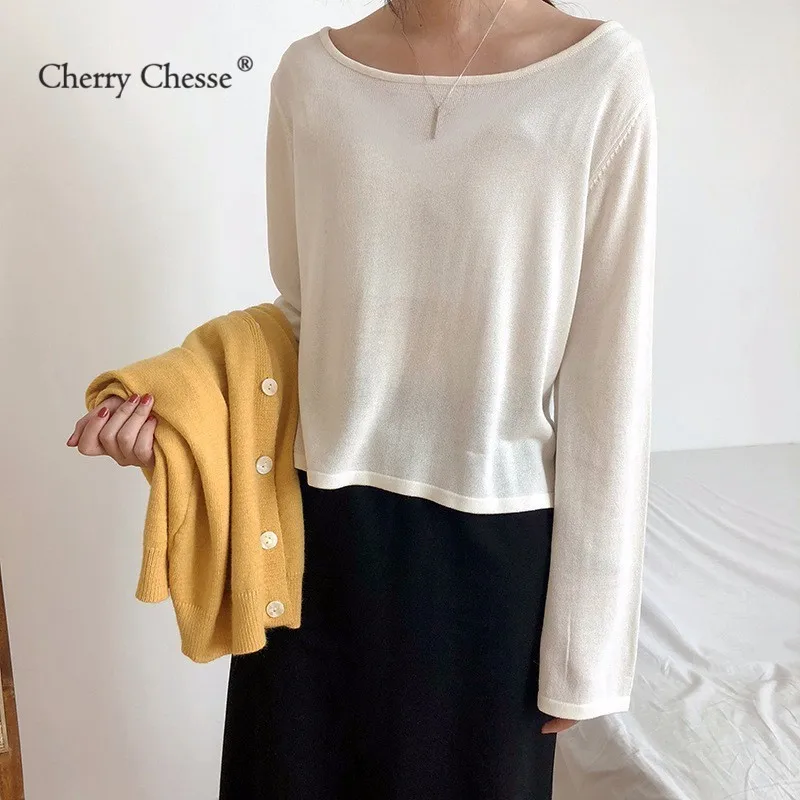 Cherry Chesse Для женщин осень вязаный свитер с длинными рукавами топы круглым вырезом