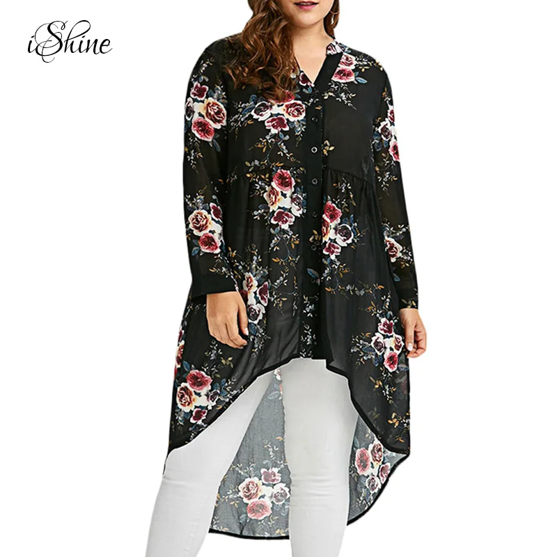 New Women Sexy Chiffon Shirts Blusa Long Sleeve V-neck Irregular 2017 Femme Shirt Tops Summer Autumn Blouses Plus Size Floral |