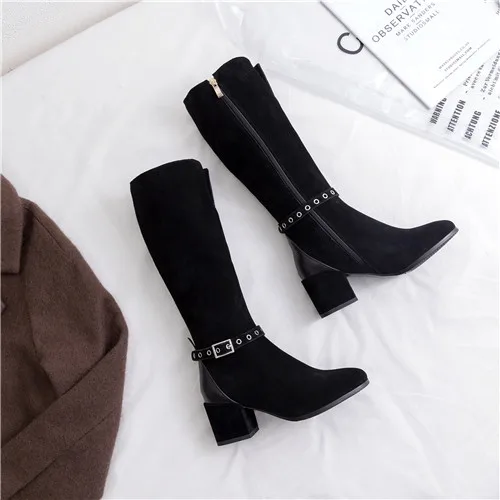 black 6cm heel Женские зимние сапоги до колена из натуральной замши теплые плюшевые высокие сапоги на плоской подошве для холодной погоды женская обувь для отдыха размера плюс - Цвет: black 6cm heel